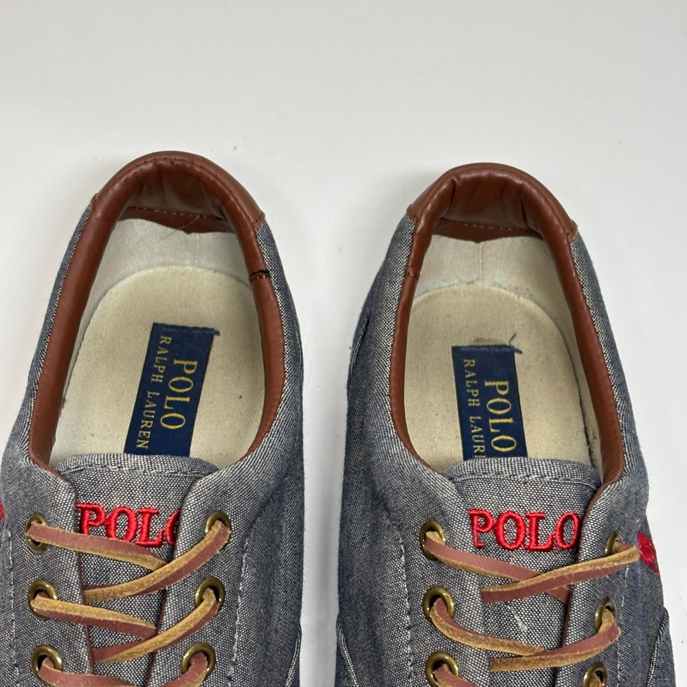 Polo Ralph Lauren Vito Mens 11D Grey Chambray Leather Trim Sneakers‎ Low Shoes - Picture 7 of 9